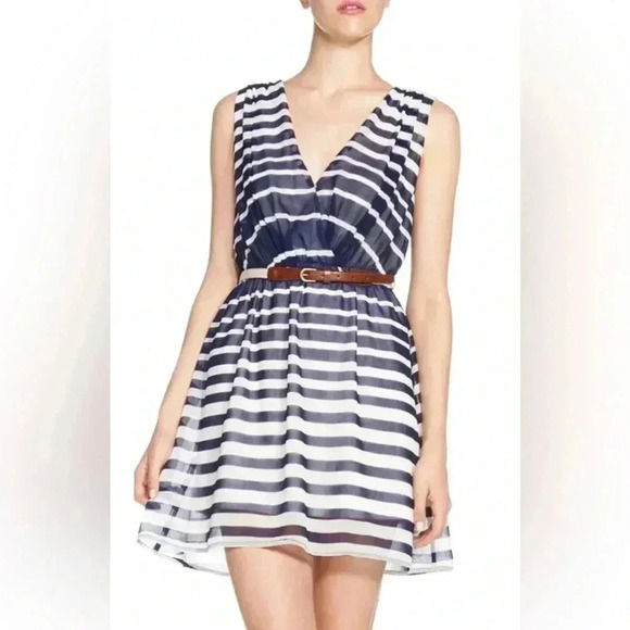 Navy Blue & White Striped V-Neck Day Dress Like New! - Picture 2 of 6